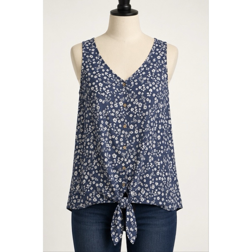Fortune + Ivy Women Blue Floral Sleeveless Button Front Tie Back Top M